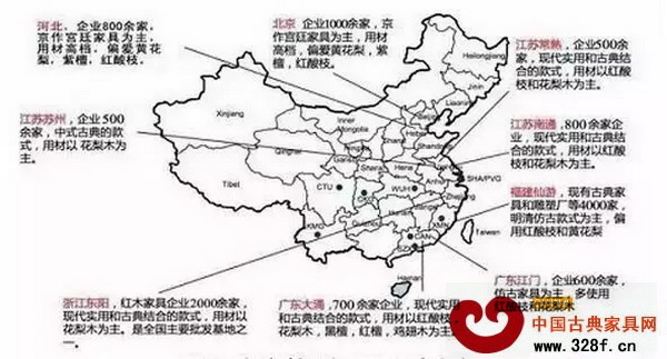 我国红木家具产业集群主要分布图 从地理位置来分,我国红木制品产区主要有五大红木产业聚集地组成,如广东中山、浙江东阳、福建仙游、北京及河北大城、江苏苏州及周边地区。这五大产业聚集地既有传统产区,如北京、江苏苏州与广东中山;也有后起之秀,浙江东阳、福建仙游与河北大城。 福建仙游:企业4000余家,明清仿古款式为主,偏用大红酸枝、小叶紫檀和黄花梨。 江苏常州:企业600余家,现代实用和古典结合的款式,以红酸枝和花梨为主。 江苏南通:企业800余家,现代实用和古典结合的款式,以红酸枝和花梨为主。 广东江门:企业6