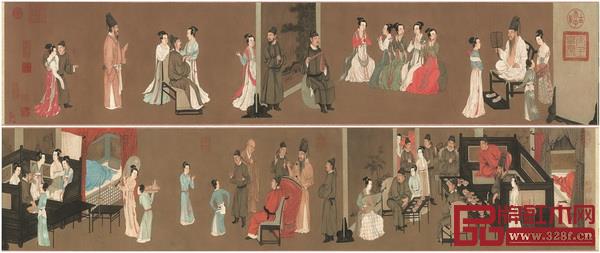 手卷画《韩熙载夜宴图》中，屏风多以竖立侧面出现，所有屏风都是为了分开和连起一幕幕场景