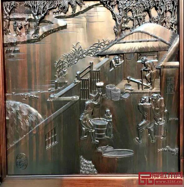 《中华耕织世纪大柜》耕作图中的“舂碓”画面 《中华耕织世纪大柜》耕作图中的“舂碓”画面
