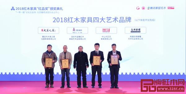 故宫博物院研究员周京南(中)为“2018红木家具四大艺术品牌”获奖企业泰和园(左二)颁奖 故宫博物院研究员周京南(中)为“2018红木家具四大艺术品牌”获奖企业泰和园(左二)颁奖