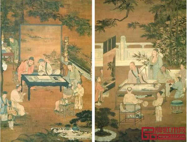 《明人画十八学士图》中书（左）、画场景