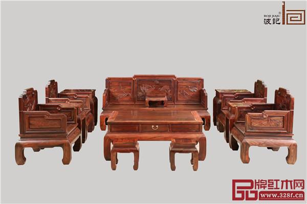 波记家具:老挝大红酸枝松鹤延年沙发13件套