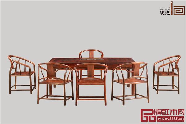 波记家具:老挝大红酸枝2米新明式茶台7件套