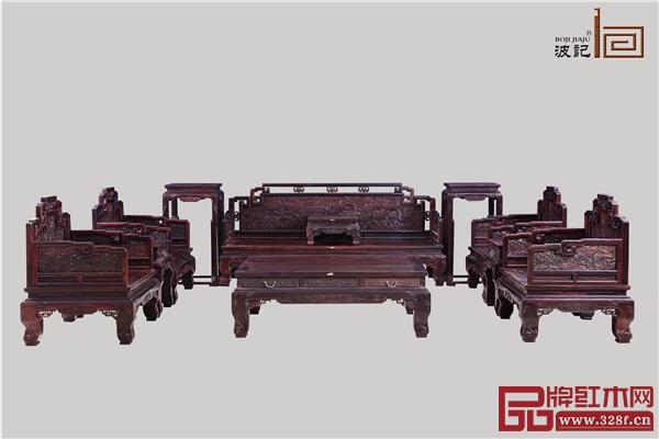 波记家具：印度小叶紫檀雕龙沙发11件套