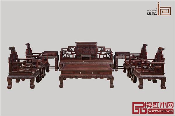 波记家具：印度小叶紫檀卷书沙发11件套