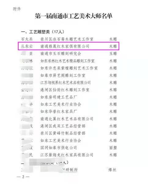 雅晟红木丛东云获评“第一届南通市工艺美术大师”