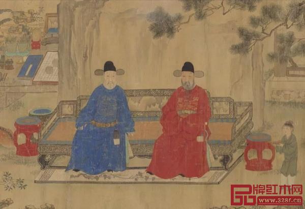 明《五同会图》中两位官员坐在罗汉床上聊天 明《五同会图》中两位官员坐在罗汉床上聊天