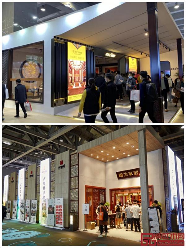 （上）卓木王在高定展的展位场景图，（下）国方家居在建博会的展位场景图